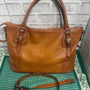 Heshe Leather Tote Satchel Bag. Double shoulder strap. Detachable strap. Used.